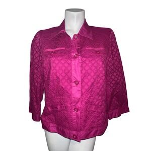 Chico's Fuchsia Pink Eyelet Button Up Jacket Women's Size L (2) 3/4 Sleeve